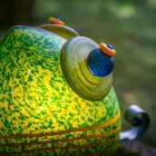 Detailed view of outdoor light object Chameleon made of mouth-blown glass