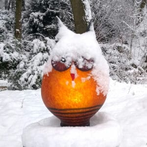 Borowski Glas Lichtobjekt Eule TAWNY FAT mit Schnee bedeckt.