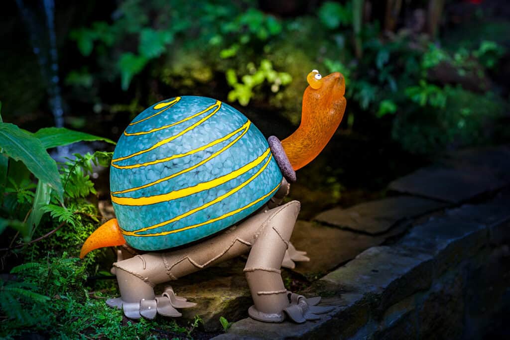 The light object ARNOLD blue is a large turtle illuminated from inside for your garden.